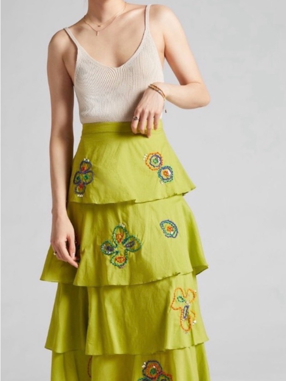 Anthropologie Tiered Lime Green Embroidered Maxi Skirt by Roopa Pemmaraju